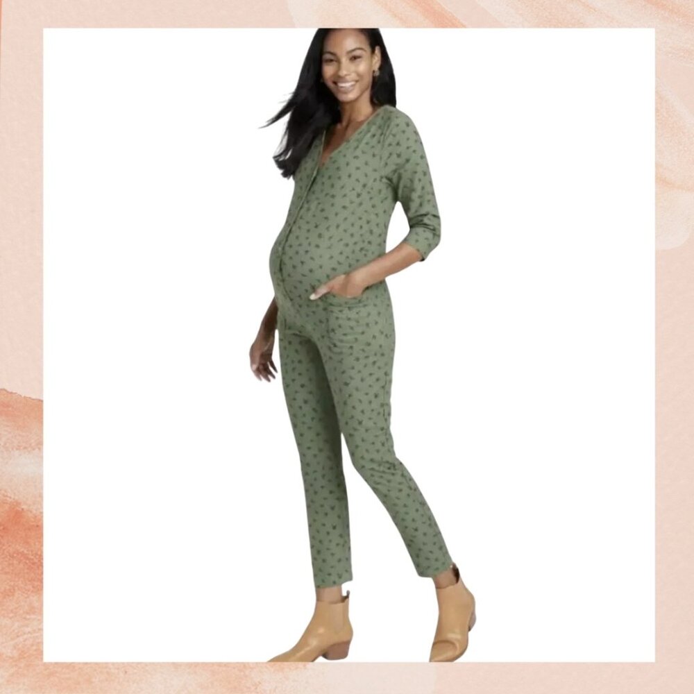 Deep Olive Floral Maternity Cropped Jumpsuit